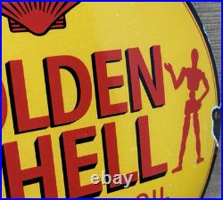 Vintage Golden Shell Motor Oil Porcelain Sign General Store Gas Station Pump