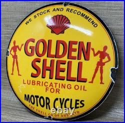 Vintage Golden Shell Motor Oil Porcelain Sign General Store Gas Station Pump