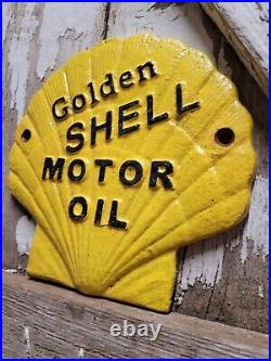 Vintage Golden Shell Motor Oil Sign Cast Iron Metal Advertising Gas Station Oil