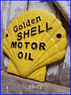 Vintage Golden Shell Motor Oil Sign Cast Iron Metal Gas Pump Plate Garage Repair Vintage Golden Shell Motor Oil Sign Cast Iron Metal Gas Pump Plate Garage Repair