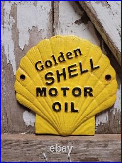 Vintage Golden Shell Motor Oil Sign Cast Iron Metal Gas Pump Plate Garage Repair Vintage Golden Shell Motor Oil Sign Cast Iron Metal Gas Pump Plate Garage Repair