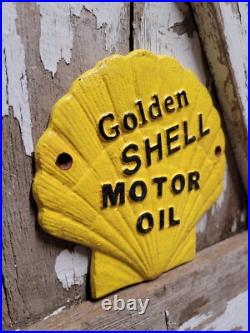 Vintage Golden Shell Motor Oil Sign Cast Iron Metal Gas Pump Plate Garage Repair Vintage Golden Shell Motor Oil Sign Cast Iron Metal Gas Pump Plate Garage Repair