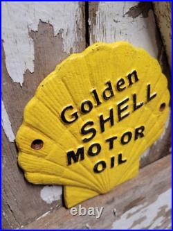 Vintage Golden Shell Motor Oil Sign Cast Iron Metal Gas Pump Plate Garage Repair Vintage Golden Shell Motor Oil Sign Cast Iron Metal Gas Pump Plate Garage Repair