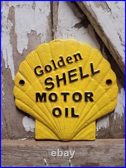 Vintage Golden Shell Motor Oil Sign Cast Iron Metal Gas Pump Plate Garage Repair Vintage Golden Shell Motor Oil Sign Cast Iron Metal Gas Pump Plate Garage Repair