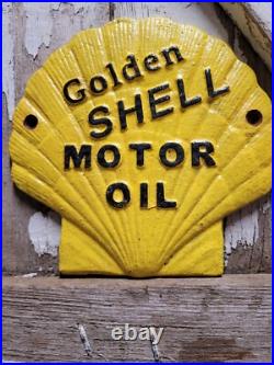 Vintage Golden Shell Motor Oil Sign Cast Iron Metal Gas Pump Plate Garage Repair Vintage Golden Shell Motor Oil Sign Cast Iron Metal Gas Pump Plate Garage Repair