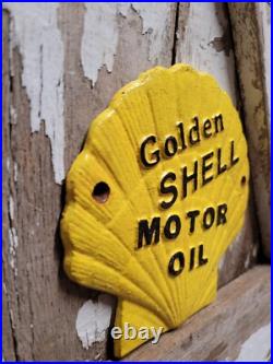 Vintage Golden Shell Motor Oil Sign Cast Iron Metal Gas Pump Plate Garage Repair Vintage Golden Shell Motor Oil Sign Cast Iron Metal Gas Pump Plate Garage Repair