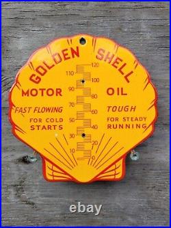 Vintage Golden Shell Porcelain Sign Gas & Motor Oil Old Themometer Plate Sales