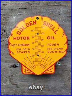 Vintage Golden Shell Porcelain Sign Gas & Motor Oil Old Themometer Plate Sales
