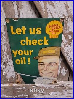 Vintage Golden Shell Porcelain Sign Golf Motor Oil Gas Station Service Garage