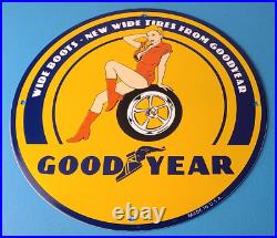 Vintage Goodyear Tires Sign Pinup Girl Sign Gas Motor Oil Pump Porcelain Sign