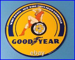 Vintage Goodyear Tires Sign Pinup Girl Sign Gas Motor Oil Pump Porcelain Sign