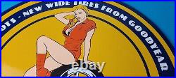 Vintage Goodyear Tires Sign Pinup Girl Sign Gas Motor Oil Pump Porcelain Sign