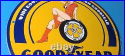 Vintage Goodyear Tires Sign Pinup Girl Sign Gas Motor Oil Pump Porcelain Sign