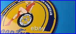 Vintage Goodyear Tires Sign Pinup Girl Sign Gas Motor Oil Pump Porcelain Sign