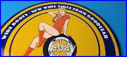 Vintage Goodyear Tires Sign Pinup Girl Sign Gas Motor Oil Pump Porcelain Sign