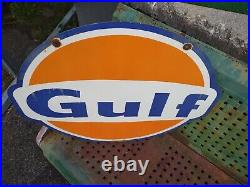 Vintage Gulf Dealer Porcelain Sign 2 Sided Gas Station Motor Oil Service Lube
