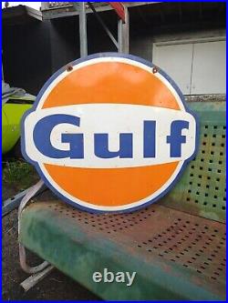 Vintage Gulf Dealer Porcelain Sign 2 Sided Gas Station Motor Oil Service Lube