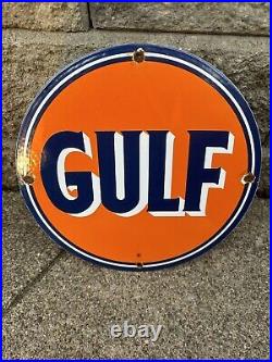 Vintage Gulf Gasoline Porcelain Sign General Store Gas Station Motor Oil Pump