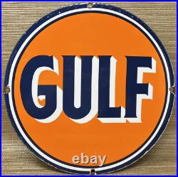 Vintage Gulf Gasoline Porcelain Sign General Store Gas Station Motor Oil Pump