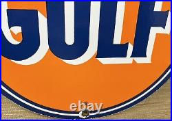 Vintage Gulf Gasoline Porcelain Sign General Store Gas Station Motor Oil Pump