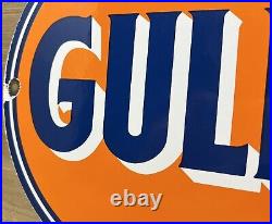 Vintage Gulf Gasoline Porcelain Sign General Store Gas Station Motor Oil Pump