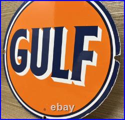 Vintage Gulf Gasoline Porcelain Sign General Store Gas Station Motor Oil Pump