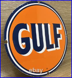 Vintage Gulf Gasoline Porcelain Sign General Store Gas Station Motor Oil Pump