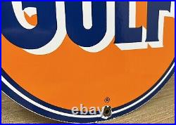 Vintage Gulf Gasoline Porcelain Sign General Store Gas Station Motor Oil Pump