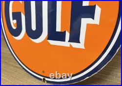 Vintage Gulf Gasoline Porcelain Sign General Store Gas Station Motor Oil Pump