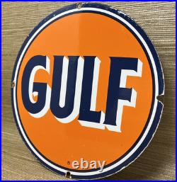 Vintage Gulf Gasoline Porcelain Sign General Store Gas Station Motor Oil Pump