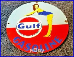Vintage Gulf Porcelain Gas Motor Oil Service Station Pump Plate Pin Up Girl Sign