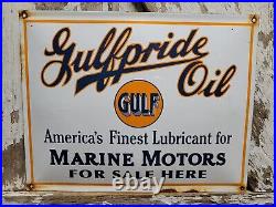 Vintage Gulf Porcelain Sign Gulfpride Gasoline Marine Motor Oil Service Boat 17