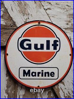 Vintage Gulf Porcelain Sign Marine Boat Motor Oil Gas Pump Plate Lake Camp Swim