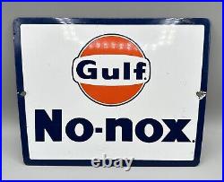 Vintage Gulf Porcelain Sign No Nox Motor Oil Gas Station Blue Car Engine Service