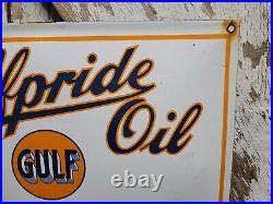 Vintage Gulf Porcelain Sign Old Gulfpride Gasoline Marine Boat Motor Oil Service