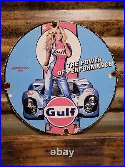 Vintage Gulf Porcelain Sign Race Car Motor Oil Gas Station Service Pump Plate