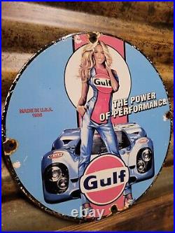 Vintage Gulf Porcelain Sign Race Car Motor Oil Gas Station Service Pump Plate