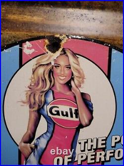 Vintage Gulf Porcelain Sign Race Car Motor Oil Gas Station Service Pump Plate