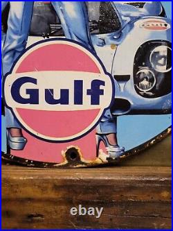 Vintage Gulf Porcelain Sign Race Car Motor Oil Gas Station Service Pump Plate