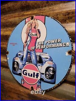 Vintage Gulf Porcelain Sign Race Car Motor Oil Gas Station Service Pump Plate