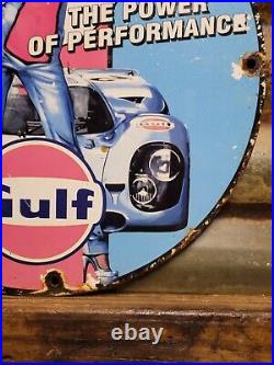 Vintage Gulf Porcelain Sign Race Car Motor Oil Gas Station Service Pump Plate