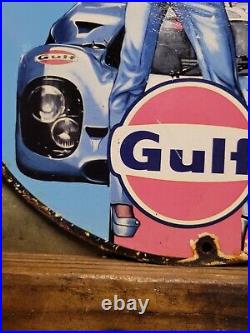 Vintage Gulf Porcelain Sign Race Car Motor Oil Gas Station Service Pump Plate