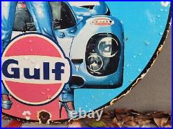 Vintage Gulf Porcelain Sign Race Car Motor Oil Gas Station Service Pump Plate