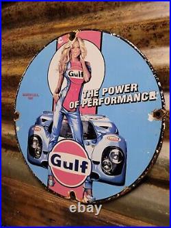 Vintage Gulf Porcelain Sign Race Car Motor Oil Gas Station Service Pump Plate