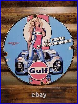 Vintage Gulf Porcelain Sign Race Car Motor Oil Gas Station Service Pump Plate