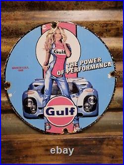 Vintage Gulf Porcelain Sign Race Car Motor Oil Gas Station Service Pump Plate