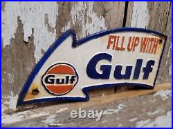 Vintage Gulf Sign Cast Iron Gas Station Motor Oil Service Fill Up Pump Arrow USA