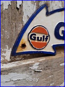 Vintage Gulf Sign Cast Iron Gas Station Motor Oil Service Fill Up Pump Arrow USA