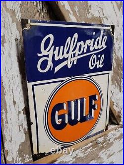 Vintage Gulfpride Oil Porcelain Sign Gulf Gas Motor Oil Service Refining Company