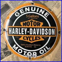 Vintage Harley Davidson Genuine Motor Oil 12 Inch Convex Porcelain Enamel Sign